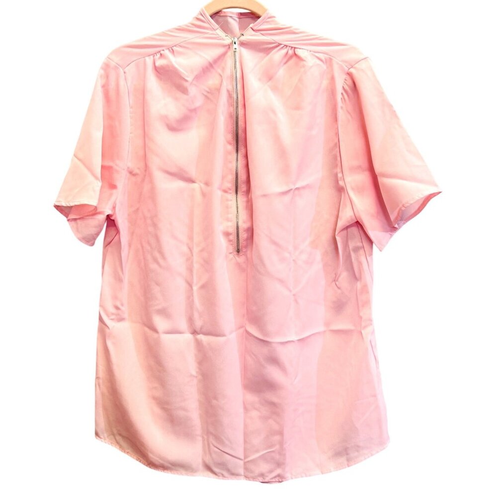 Pink Sheer Short-Sleeve Front Zip Top Blouse For Women